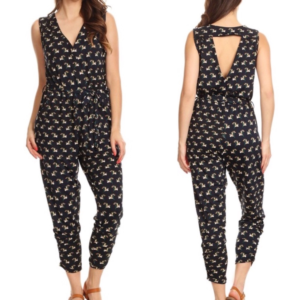 Navy Printed Jumpsuit - Picture 1 of 8